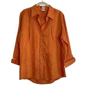 Craig Taylor Womens Linen Shirt XL Orange Bonfire Button Front 3/4 Sleeve